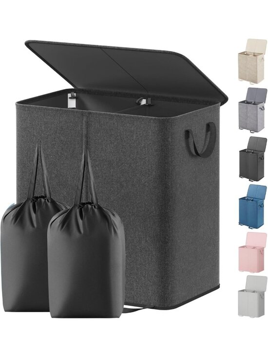 Large Double Laundry Hamper with Lid & Removable Bags Collapsible 2-Compartment